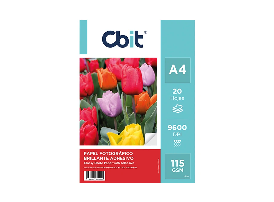 PAQ. 20H. 115GSM PAPEL FOTO A4 GLOSSY CON ADHESIVO CBIT